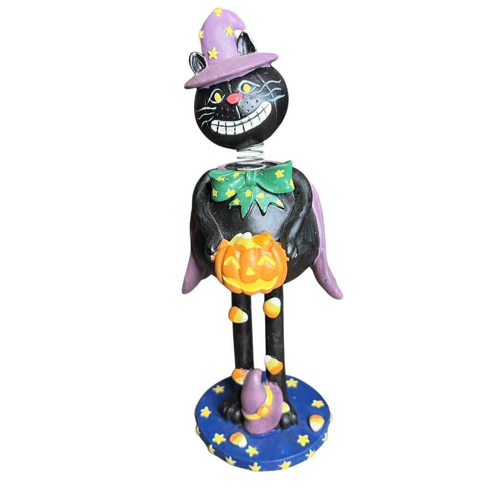Christmas Tree Shops Halloween Black Cat Bobblehead Wizard Pumpkin Figurine